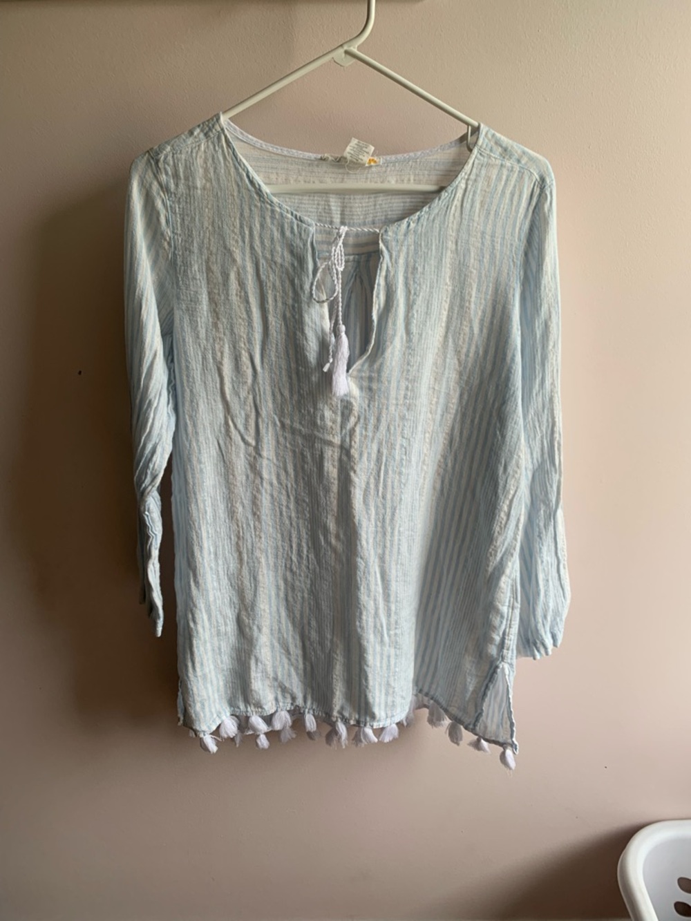 C&C California Light Blue Striped Tassel Hem Linen Tunic Top